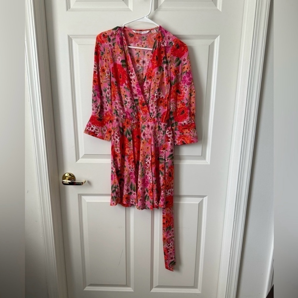 Zara Pink Floral Wrap Tie Dress Size XS
